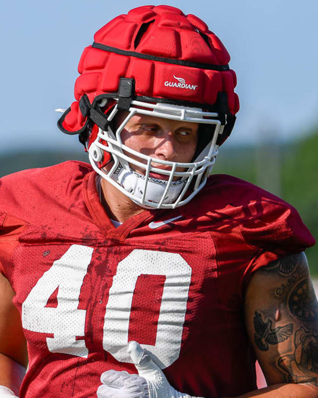 Razorbacks defensive lineman Landon Jackson during Friday morning's practice on the outdoor fields